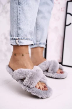 Damskie Klapki Papcie Futrzane Szare Cozy Time