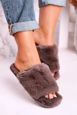 Damskie Klapki Papcie Futrzane Szare Sweet