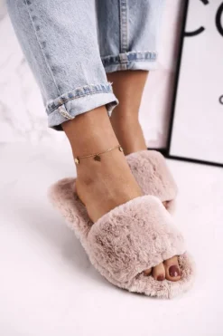 Damskie Klapki Papcie Futrzane Jasny Brąz Cold Days