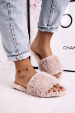 Damskie Klapki Papcie Futrzane Jasny Brąz Cold Days