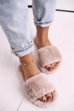 Damskie Klapki Papcie Futrzane Jasny Brąz Cold Days