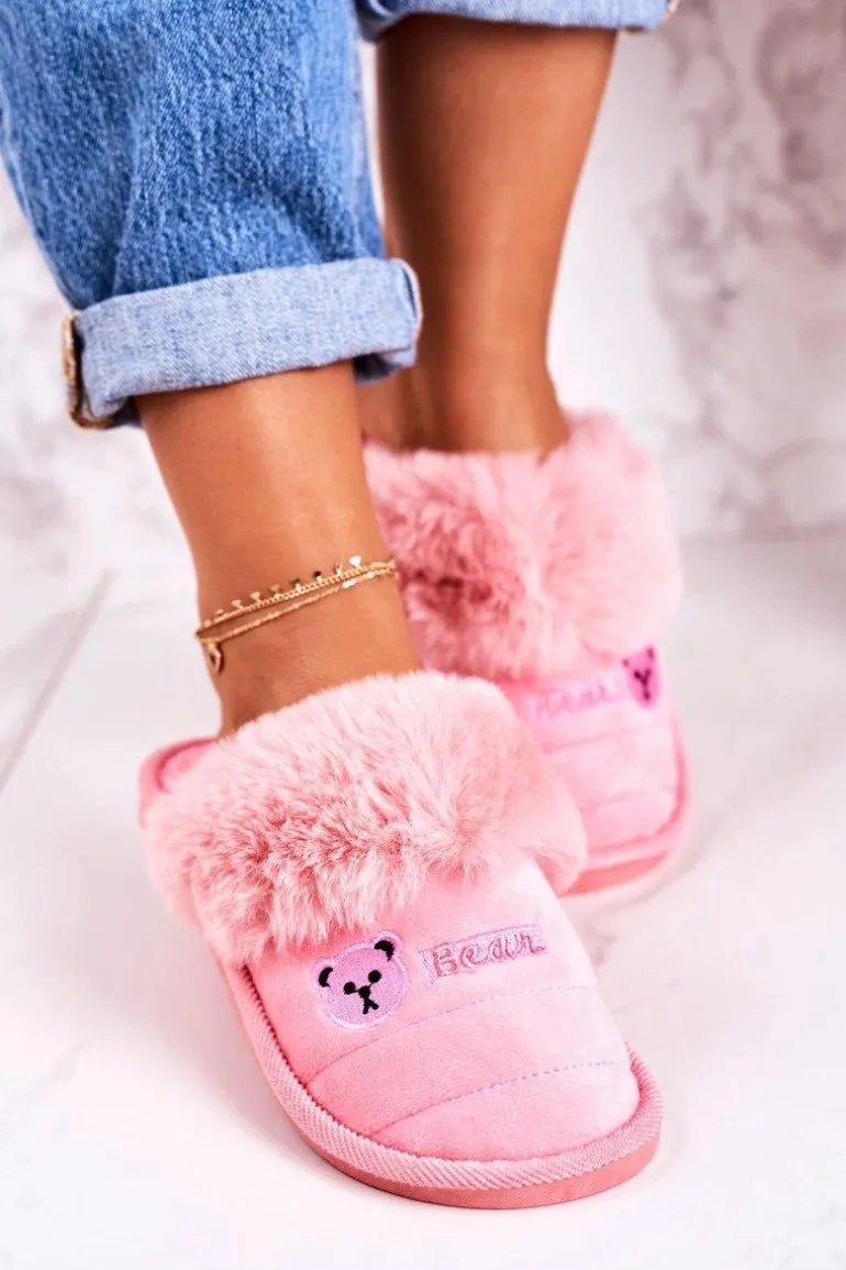 Damskie Klapki Papcie Z Futerkiem Różowe Teddy