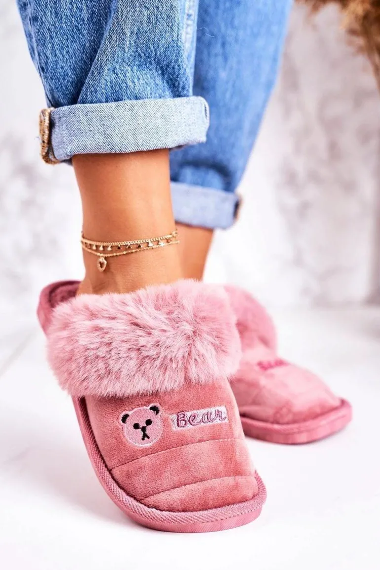 Damskie Klapki Papcie Z Futerkiem Pudrowy Róż Teddy