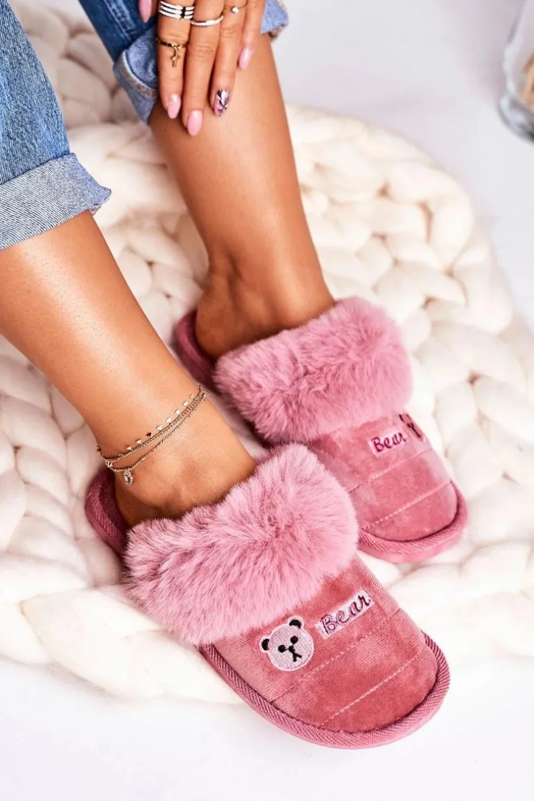 Damskie Klapki Papcie Z Futerkiem Pudrowy Róż Teddy