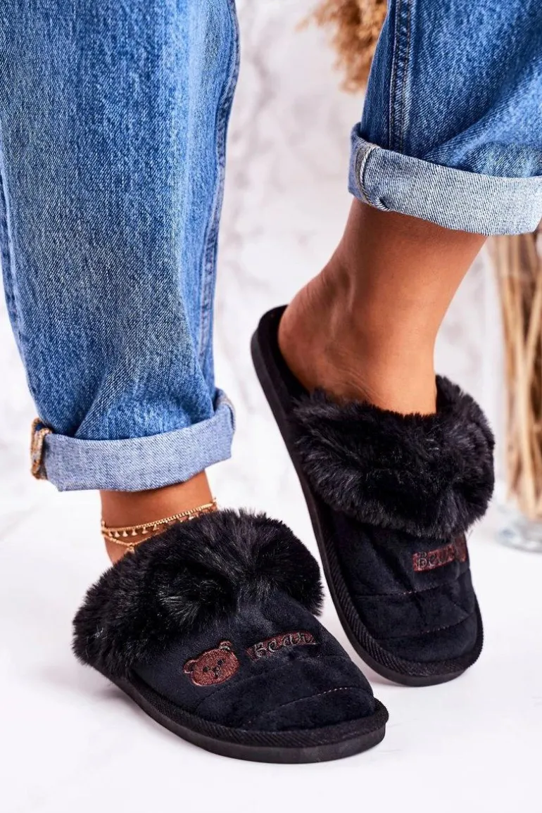 Damskie Klapki Papcie Z Futerkiem Czarne Teddy