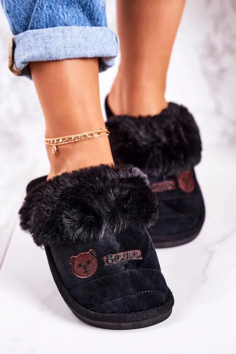 Damskie Klapki Papcie Z Futerkiem Czarne Teddy