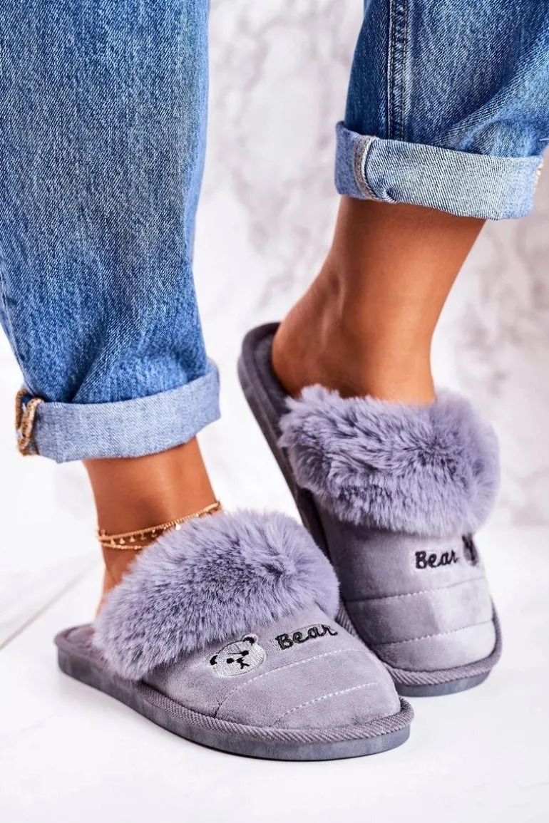 Damskie Klapki Papcie Z Futerkiem Szare Teddy