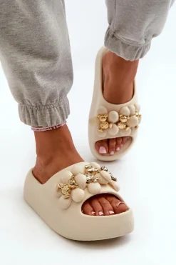 Damskie Klapki Piankowe Z Ozdobami Na Grubej Podeszwie Jasnobeżowe Bremavia