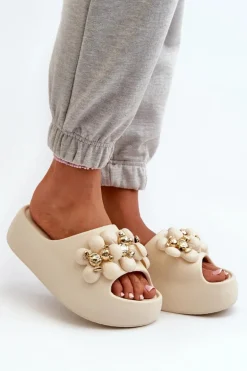 Damskie Klapki Piankowe Z Ozdobami Na Grubej Podeszwie Jasnobeżowe Bremavia