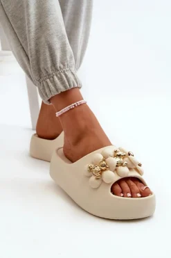 Damskie Klapki Piankowe Z Ozdobami Na Grubej Podeszwie Jasnobeżowe Bremavia