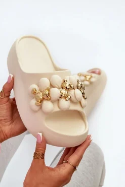 Damskie Klapki Piankowe Z Ozdobami Na Grubej Podeszwie Jasnobeżowe Bremavia