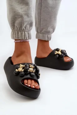 Damskie Klapki Piankowe Z Ozdobami Na Grubej Podeszwie Czarne Bremavia