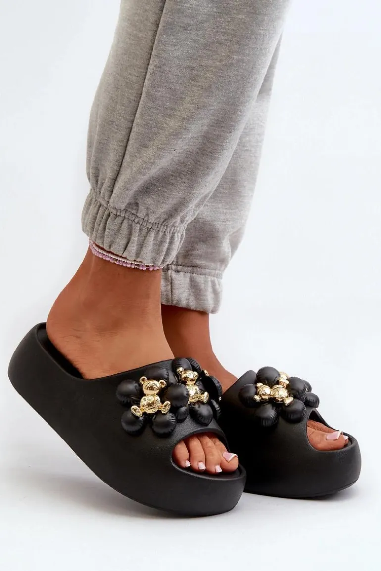 Damskie Klapki Piankowe Z Ozdobami Na Grubej Podeszwie Czarne Bremavia