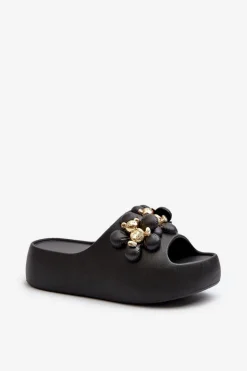 Damskie Klapki Piankowe Z Ozdobami Na Grubej Podeszwie Czarne Bremavia