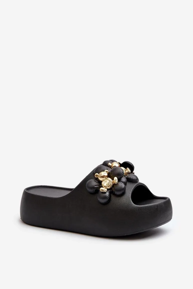 Damskie Klapki Piankowe Z Ozdobami Na Grubej Podeszwie Czarne Bremavia