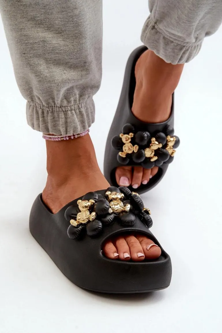 Damskie Klapki Piankowe Z Ozdobami Na Grubej Podeszwie Czarne Bremavia