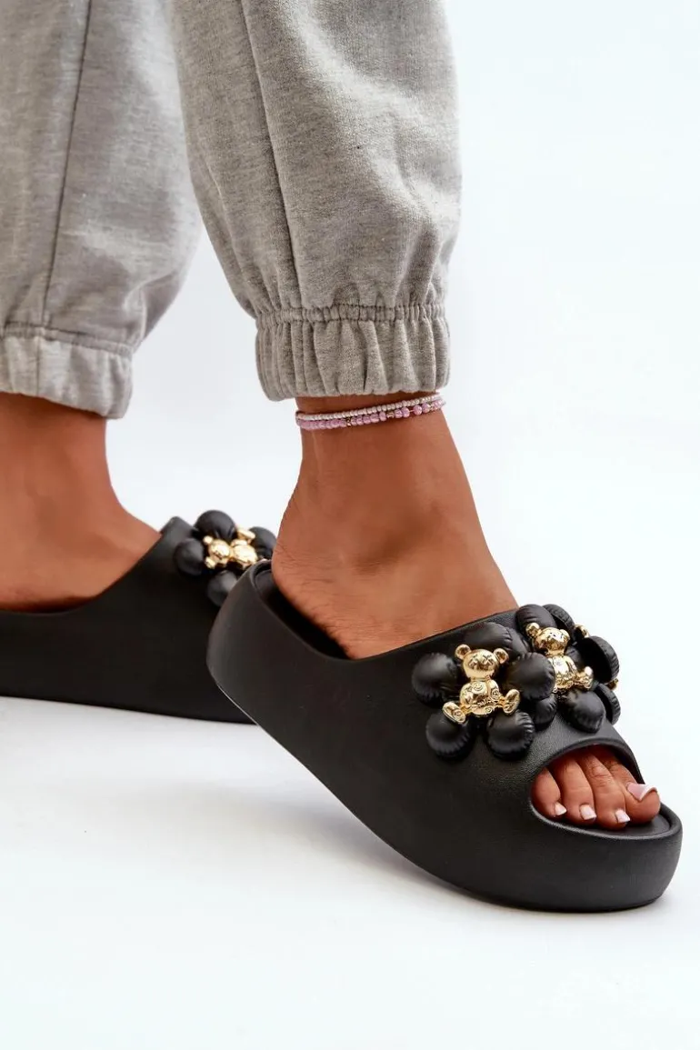 Damskie Klapki Piankowe Z Ozdobami Na Grubej Podeszwie Czarne Bremavia