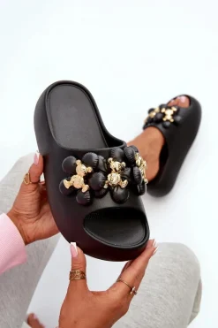 Damskie Klapki Piankowe Z Ozdobami Na Grubej Podeszwie Czarne Bremavia