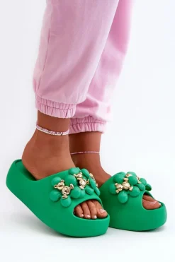 Damskie Klapki Piankowe Z Ozdobami Na Grubej Podeszwie Zielone Bremavia