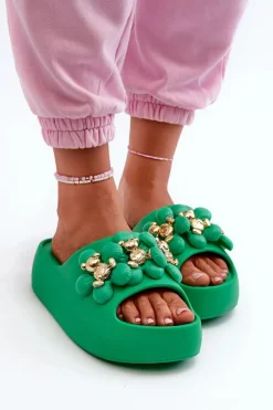 Damskie Klapki Piankowe Z Ozdobami Na Grubej Podeszwie Zielone Bremavia