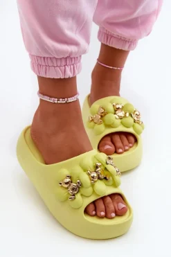 Damskie Klapki Piankowe Z Ozdobami Na Grubej Podeszwie Limonkowe Bremavia