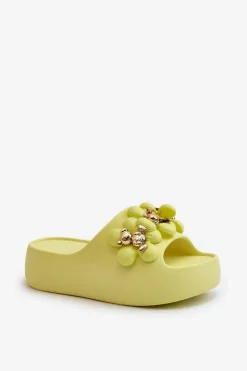 Damskie Klapki Piankowe Z Ozdobami Na Grubej Podeszwie Limonkowe Bremavia