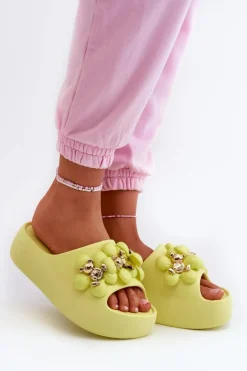 Damskie Klapki Piankowe Z Ozdobami Na Grubej Podeszwie Limonkowe Bremavia