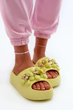 Damskie Klapki Piankowe Z Ozdobami Na Grubej Podeszwie Limonkowe Bremavia