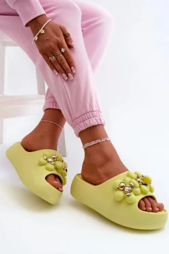 Damskie Klapki Piankowe Z Ozdobami Na Grubej Podeszwie Limonkowe Bremavia