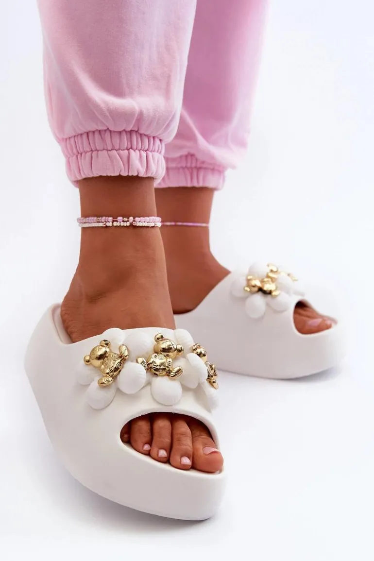 Damskie Klapki Piankowe Z Ozdobami Na Grubej Podeszwie Białe Bremavia