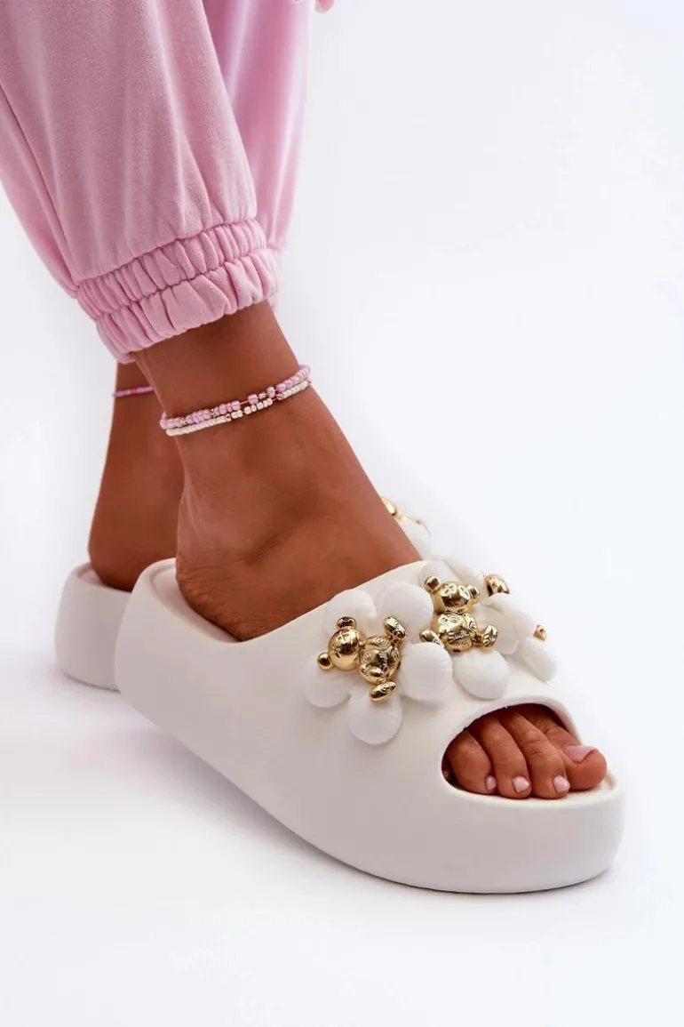 Damskie Klapki Piankowe Z Ozdobami Na Grubej Podeszwie Białe Bremavia