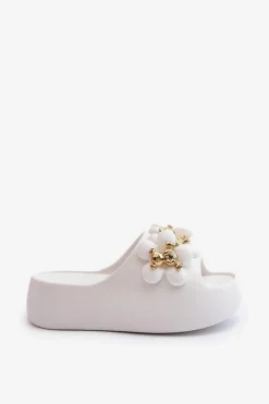 Damskie Klapki Piankowe Z Ozdobami Na Grubej Podeszwie Białe Bremavia