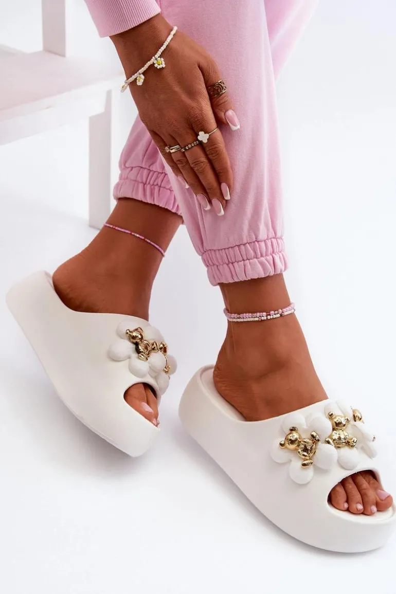 Damskie Klapki Piankowe Z Ozdobami Na Grubej Podeszwie Białe Bremavia