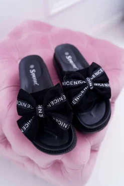 Damskie Klapki Profilowana Wkładka Z Kokardką Czarne Juicy