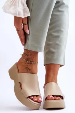 Damskie Klapki Skórzane Na Platformie Beżowe Lemar Lucami