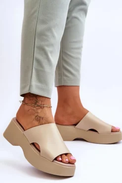 Damskie Klapki Skórzane Na Platformie Beżowe Lemar Lucami