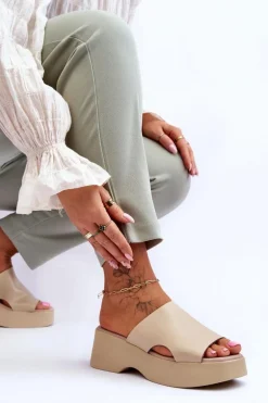 Damskie Klapki Skórzane Na Platformie Beżowe Lemar Lucami