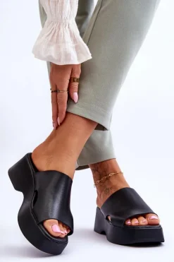 Damskie Klapki Skórzane Na Platformie Czarne Lemar Lucami