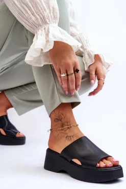 Damskie Klapki Skórzane Na Platformie Czarne Lemar Lucami