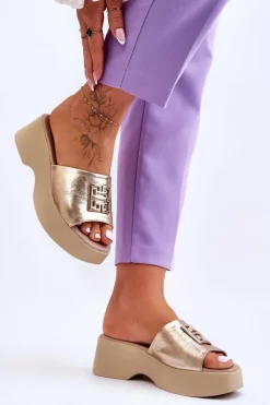 Damskie Klapki Skórzane Na Platformie Z Ozdobą Złote Lemar Renna