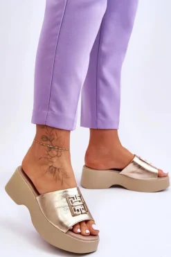 Damskie Klapki Skórzane Na Platformie Z Ozdobą Złote Lemar Renna