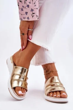 Damskie Klapki Skórzane Na Niewysokim Koturnie Złote Leona