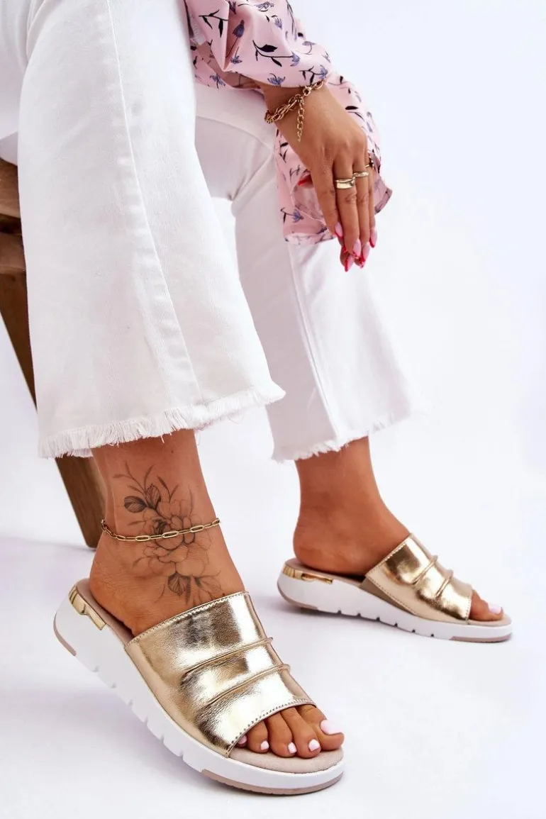 Damskie Klapki Skórzane Na Niewysokim Koturnie Złote Leona