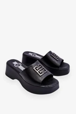 Damskie Klapki Skórzane Na Platformie Z Ozdobą Czarne Renna