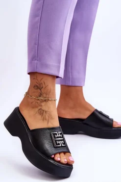 Damskie Klapki Skórzane Na Platformie Z Ozdobą Czarne Renna