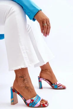 Damskie Klapki We Wzory Na Obcasie Niebieskie Adelise