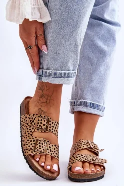 Damskie Klapki Wsuwane Leopard Beżowo-Czarne Destino