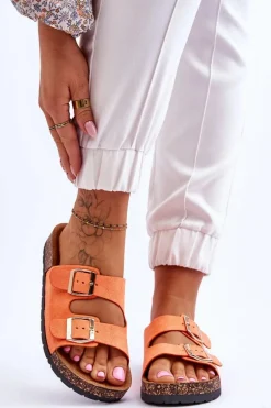 Damskie Klapki Wsuwane Na Korkowej Podeszwie Pomarańczowe Cortina