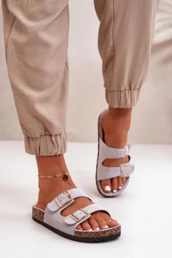 Damskie Klapki Wsuwane Na Korkowej Podeszwie Szare Cortina