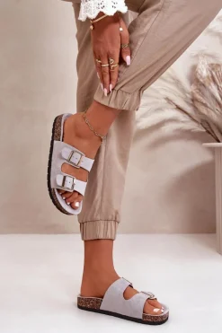 Damskie Klapki Wsuwane Na Korkowej Podeszwie Szare Cortina